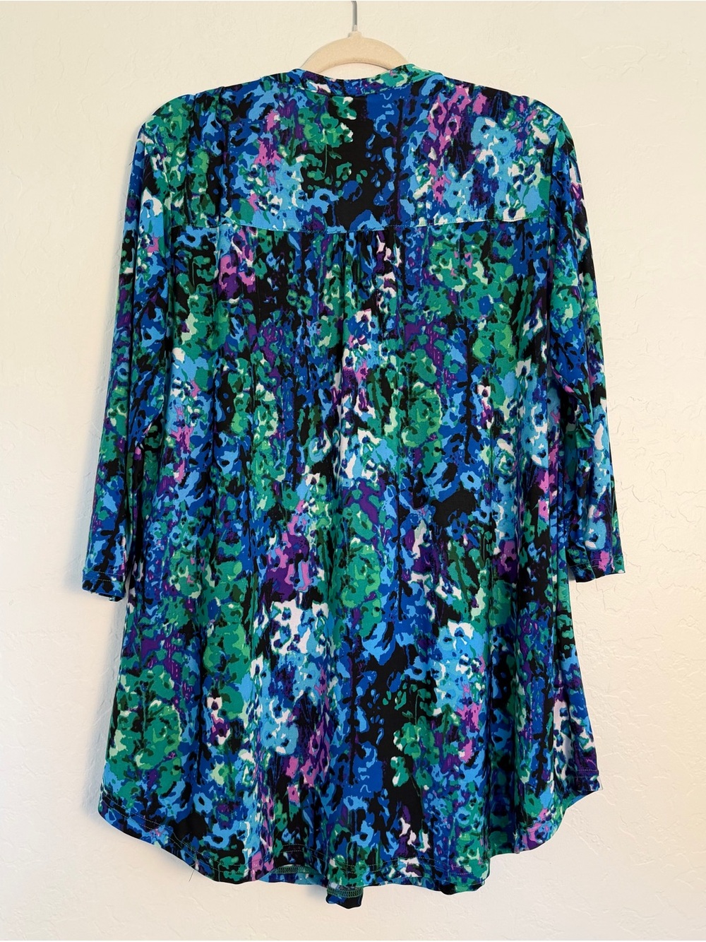 la cera Women's Large Tunic Top Blue Green Artistic Pleated Stretchy 3/4 Sleeve - Picture 2 of 11